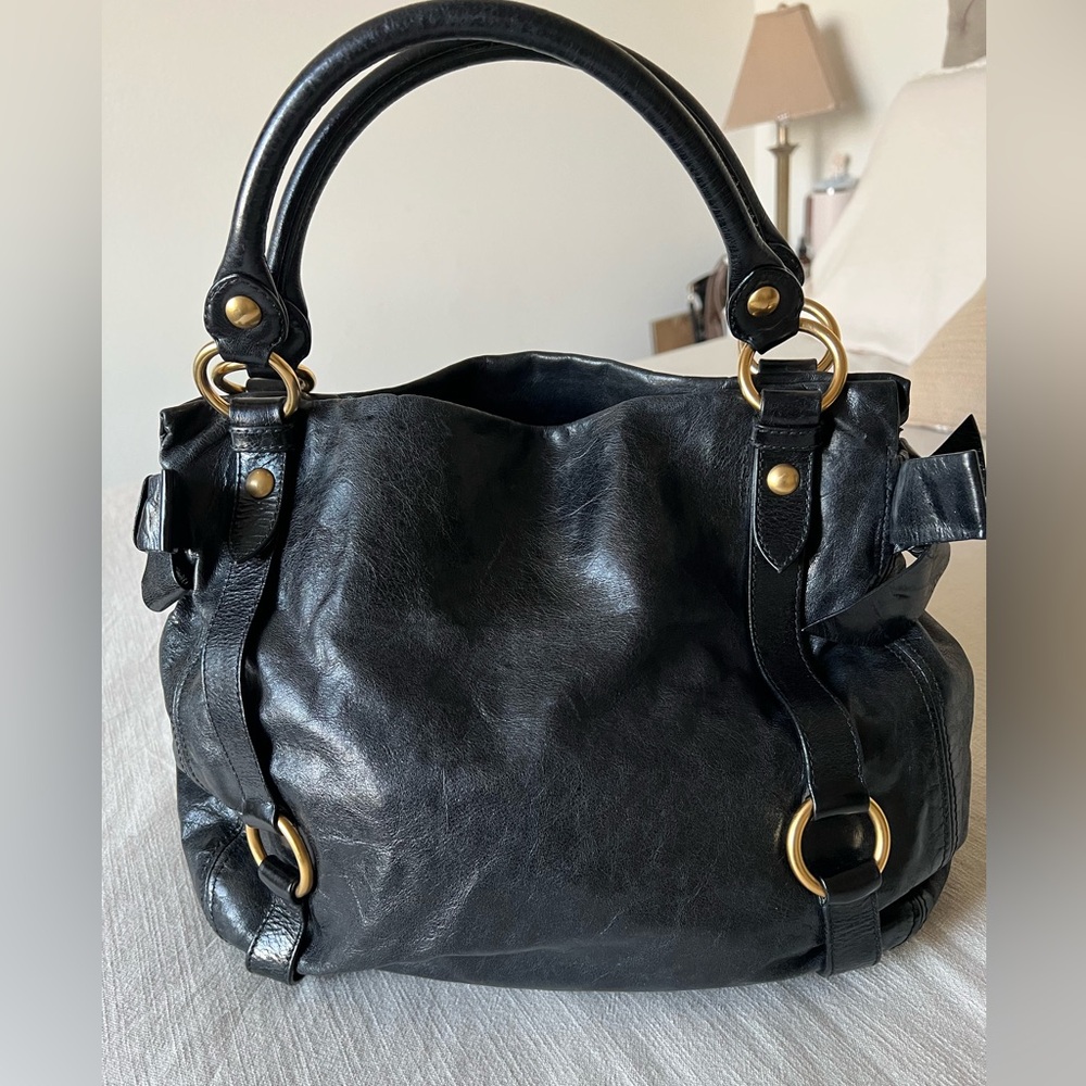 Mui Mui Vitello Lux Hand Bag Side Ribbon Authentic Large Leather Bag